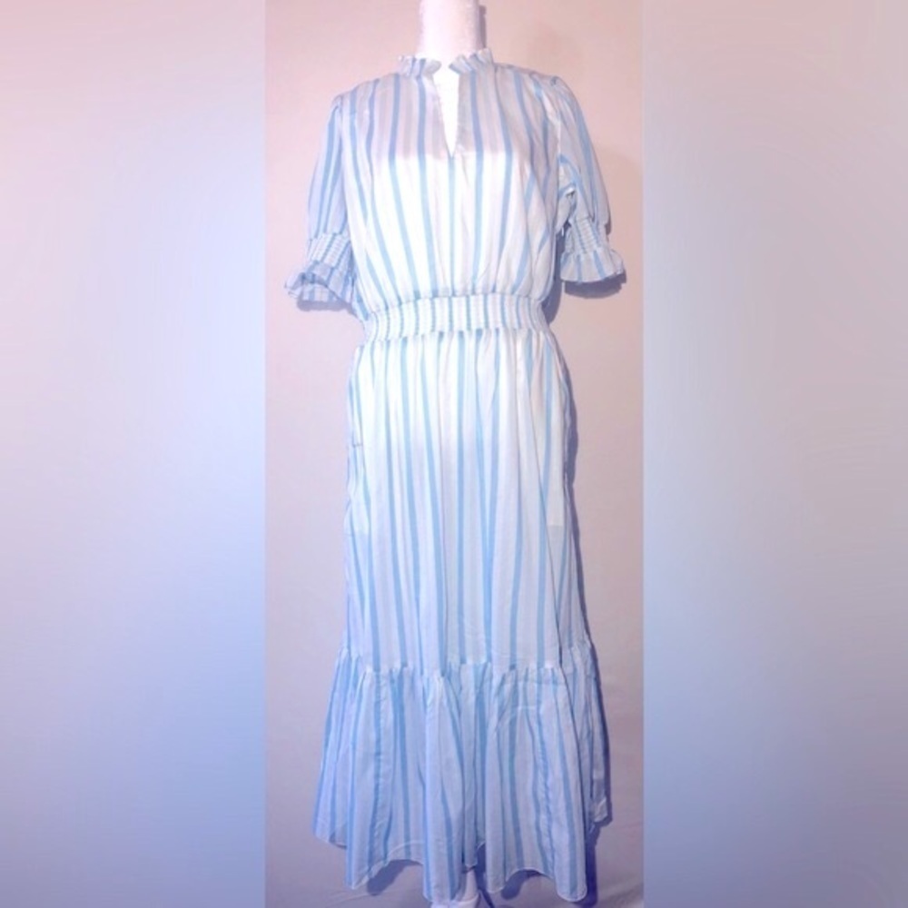 NWT J.Crew Women Blue/White Stripes Midi Dress with Puff Sleeve short. Size S
